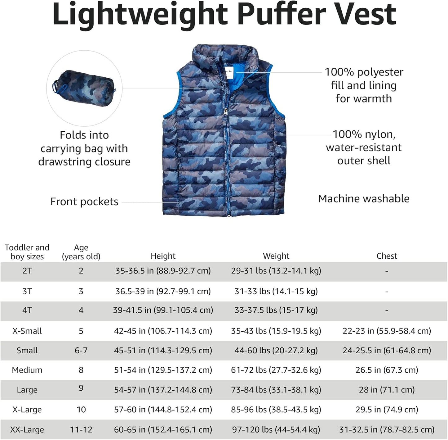 Amazon Essentials boys’ lightweight water-resistant packable puffer vest with hood