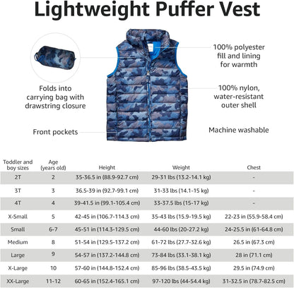 Amazon Essentials boys’ lightweight water-resistant packable puffer vest with hood