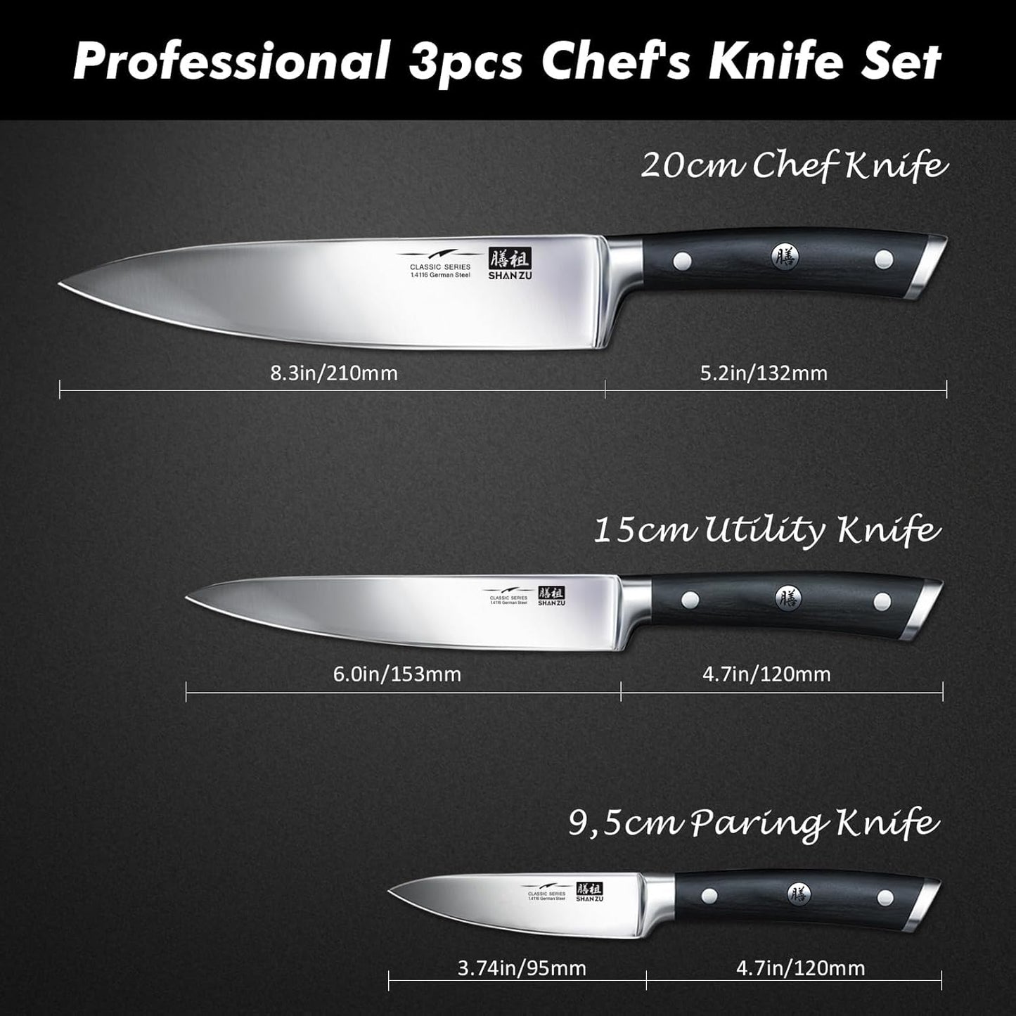 SHAN ZU Kitchen Knives 3 pieces (200mm, 153mm, 95mm)