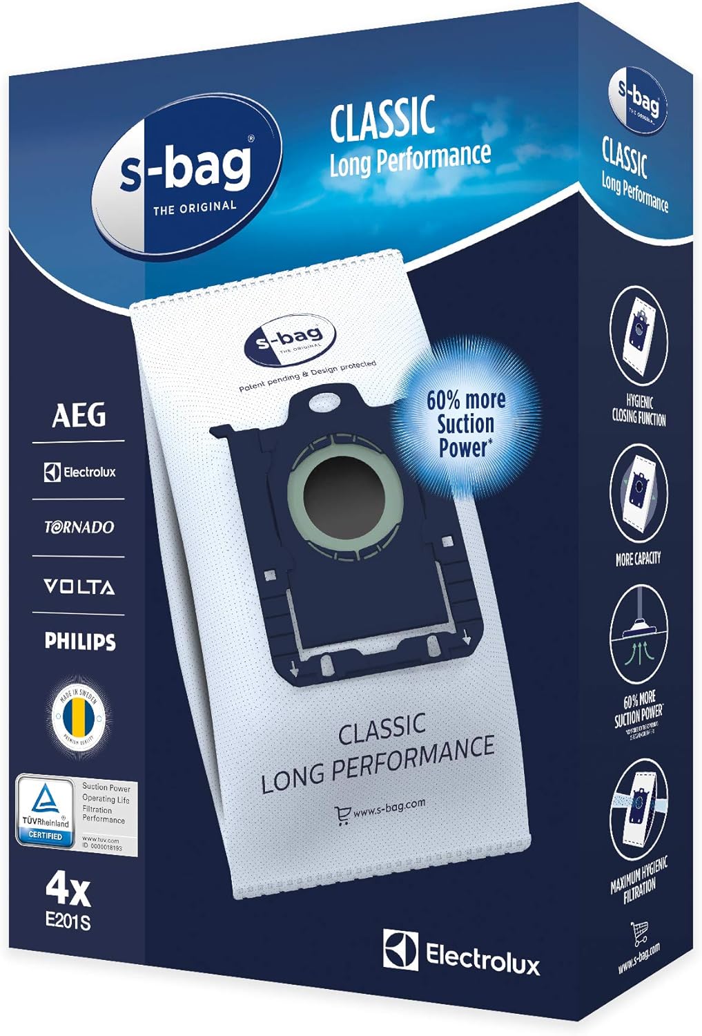 Electrolux E201S Vacuum Bags S-Bag Classic Long Performance, 4 Bags
