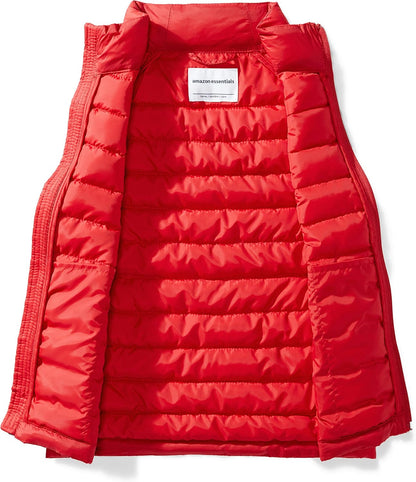 Amazon Essentials boys’ lightweight water-resistant packable puffer vest with hood