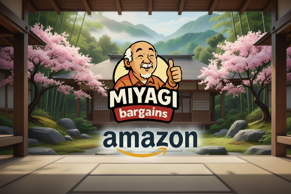 MIYAGI bargains logo with a traditional Japanese setting on Amazon.