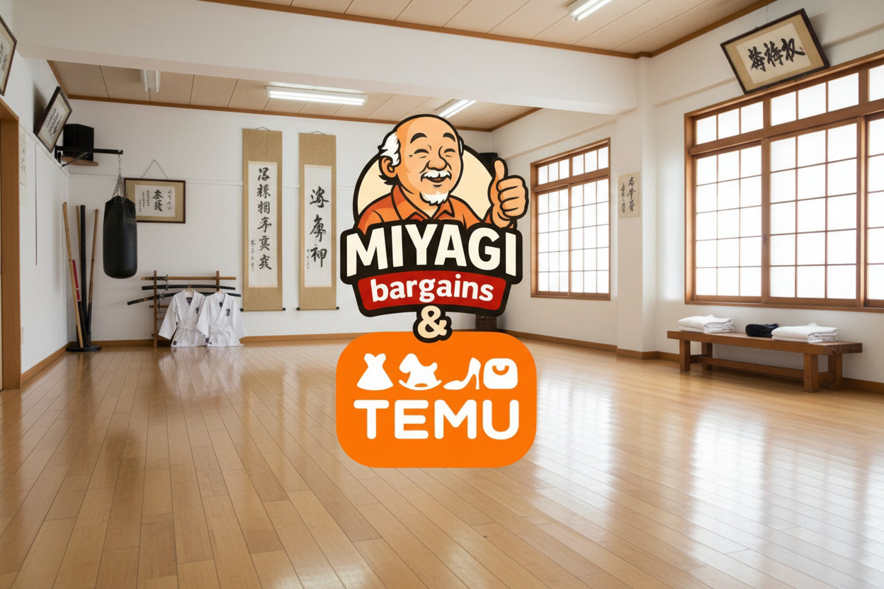 Logo of Miyagi Bargains and TEMU with an elderly man giving a thumbs up on a white background.
